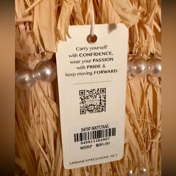 Urban Expressions Shakira Fringe Straw Raffia Pearl Natural Beige Tote/Bag NWT - Picture 8 of 9